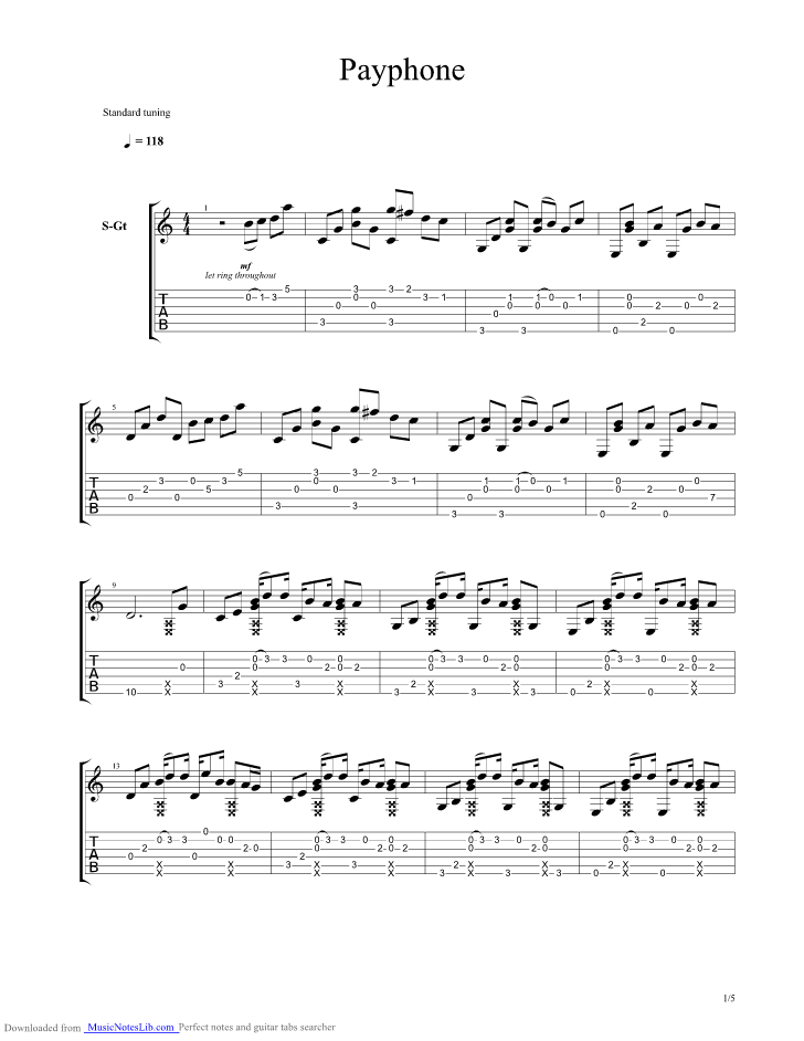 Payphone guitar pro tab by Maroon 5 @ musicnoteslib.com