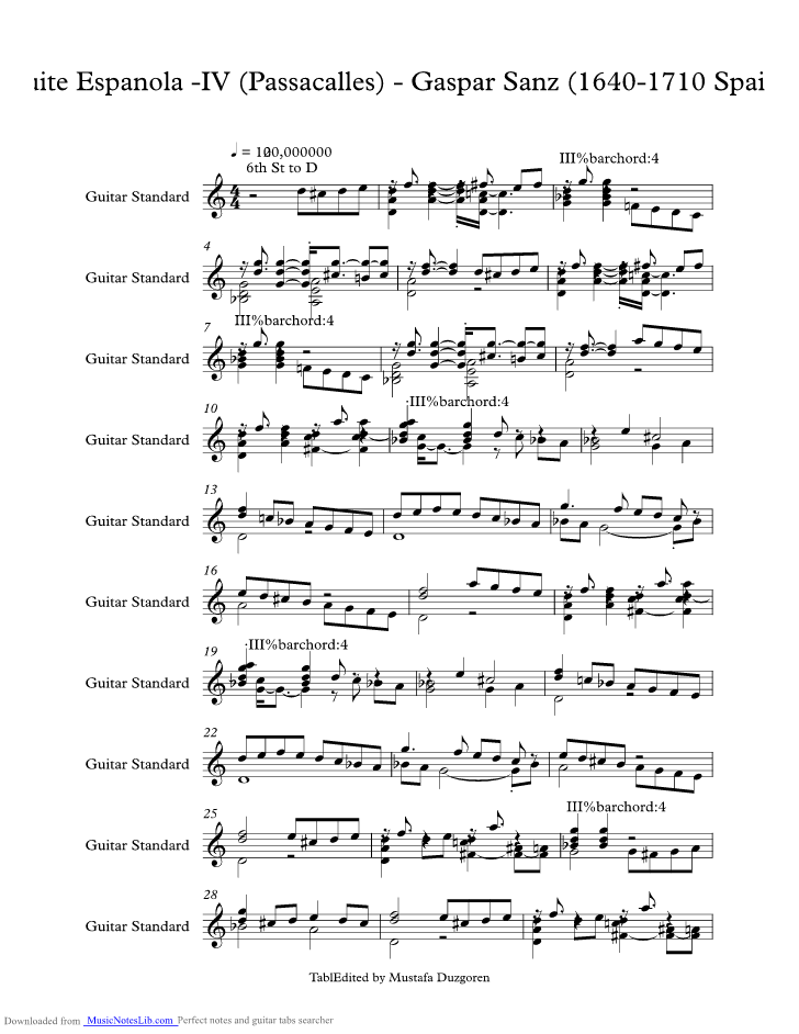 Suite Espanola music sheet and notes by Sanz Gaspar @ musicnoteslib.com