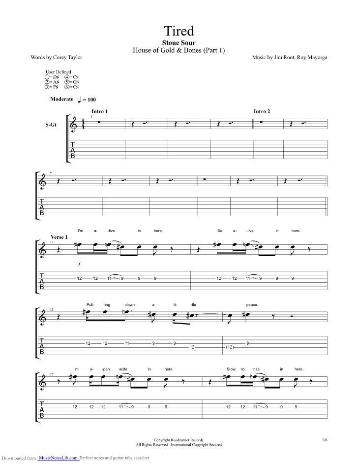 Tired guitar pro tab by Stone Sour @ musicnoteslib.com