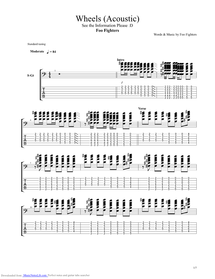 Wheels Acoustic guitar pro tab by Foo Fighters @ musicnoteslib.com