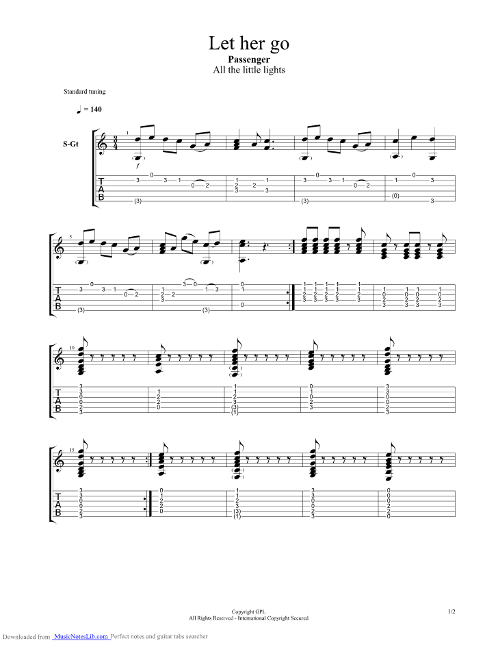 Let Her Go guitar pro tab by Passenger @ musicnoteslib.com