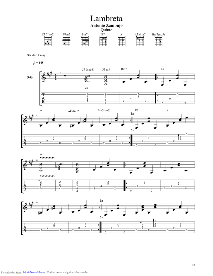 Lambreta guitar pro tab by Antonio Zambujo @ musicnoteslib.com