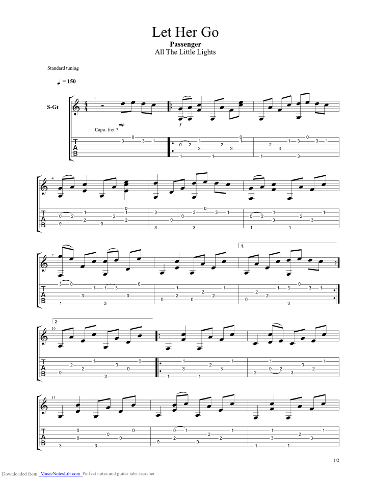 Let Her Go guitar pro tab by Passenger @ musicnoteslib.com