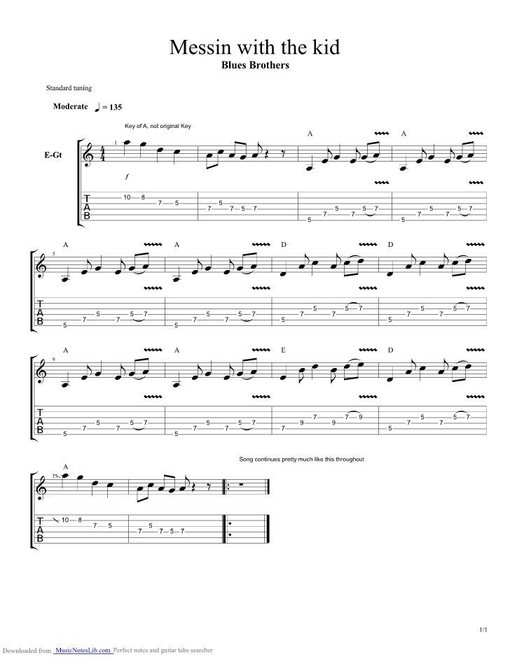 Messin With The Kid guitar pro tab by Blues Brothers @ musicnoteslib.com