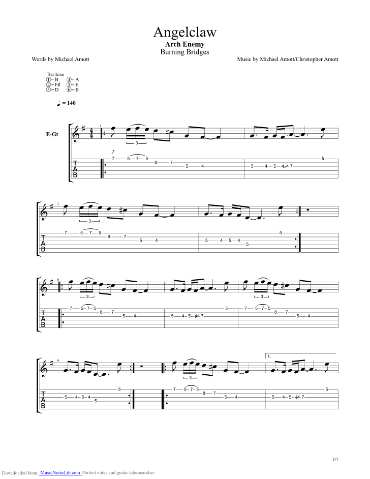 Angelclaw guitar pro tab by Arch Enemy @ musicnoteslib.com