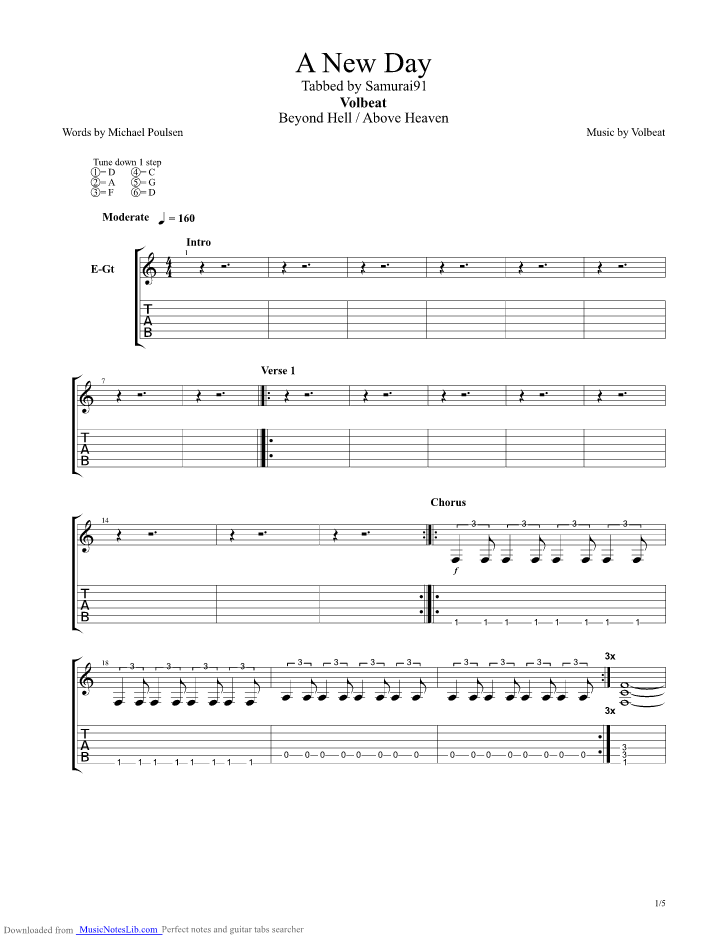 A New Day guitar pro tab by Volbeat @ musicnoteslib.com