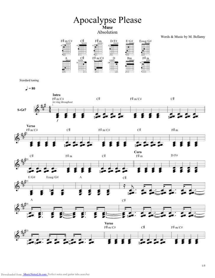 Apocalypse Please guitar pro tab by Muse @ musicnoteslib.com