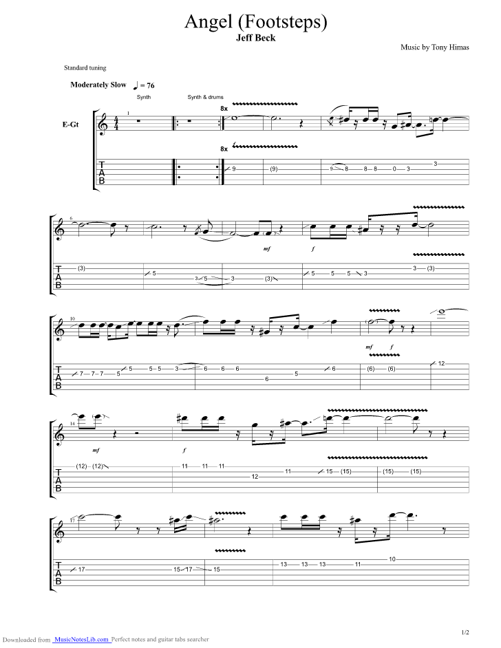 Angel Footsteps guitar pro tab by Jeff Beck @ musicnoteslib.com